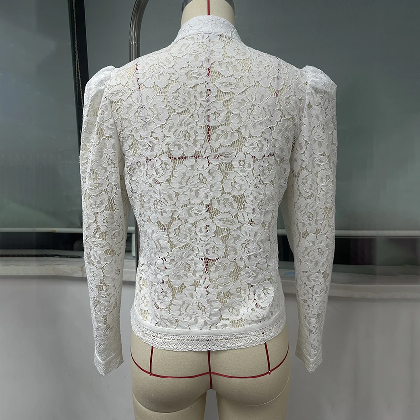 Linad Elegant Embroidery Puff Sleeve White Shirts Summer Sexy Hollow Out Lace Blouse Casual Sand Collar Top 2025 Vintage Shirts