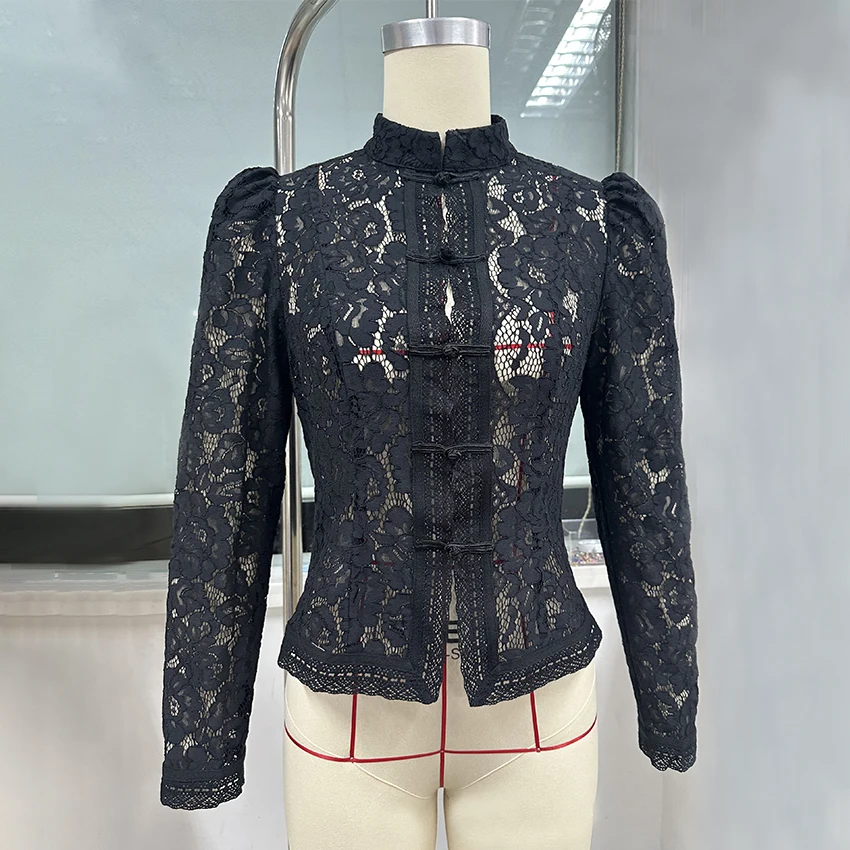 Linad Elegant Embroidery Puff Sleeve White Shirts Summer Sexy Hollow Out Lace Blouse Casual Sand Collar Top 2025 Vintage Shirts