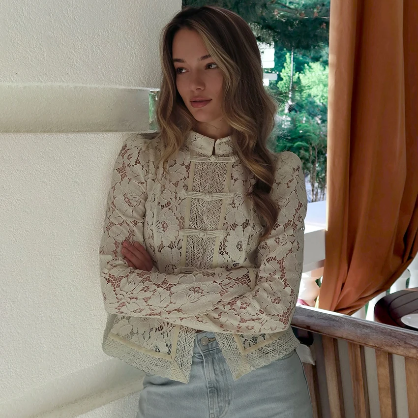 Linad Elegant Embroidery Puff Sleeve White Shirts Summer Sexy Hollow Out Lace Blouse Casual Sand Collar Top 2025 Vintage Shirts
