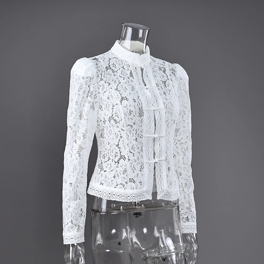 Linad Elegant Embroidery Puff Sleeve White Shirts Summer Sexy Hollow Out Lace Blouse Casual Sand Collar Top 2025 Vintage Shirts