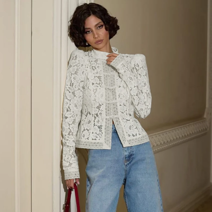 Linad Elegant Embroidery Puff Sleeve White Shirts Summer Sexy Hollow Out Lace Blouse Casual Sand Collar Top 2025 Vintage Shirts