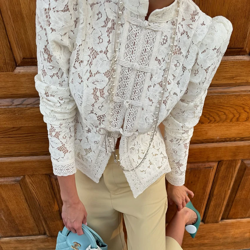 Linad Elegant Embroidery Puff Sleeve White Shirts Summer Sexy Hollow Out Lace Blouse Casual Sand Collar Top 2025 Vintage Shirts