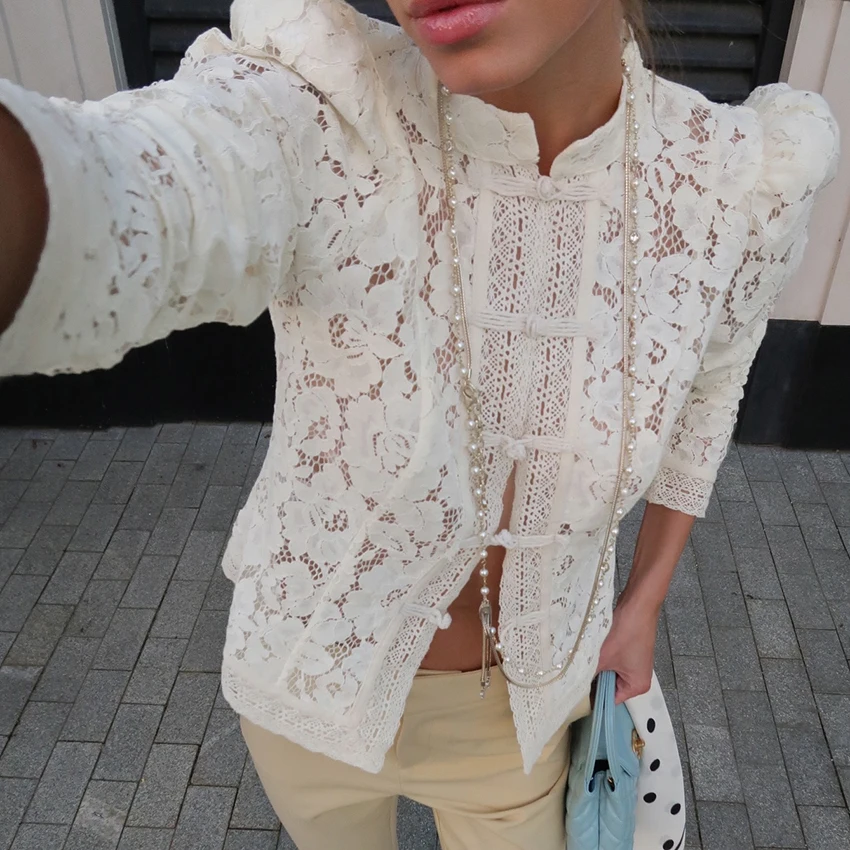 Linad Elegant Embroidery Puff Sleeve White Shirts Summer Sexy Hollow Out Lace Blouse Casual Sand Collar Top 2025 Vintage Shirts