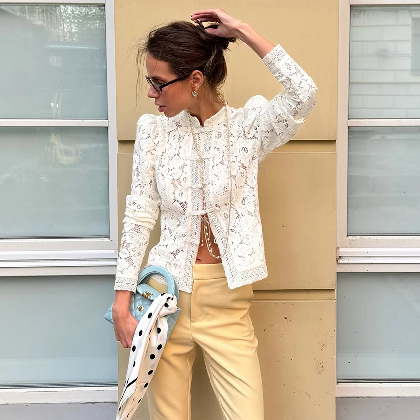 Linad Elegant Embroidery Puff Sleeve White Shirts Summer Sexy Hollow Out Lace Blouse Casual Sand Collar Top 2025 Vintage Shirts