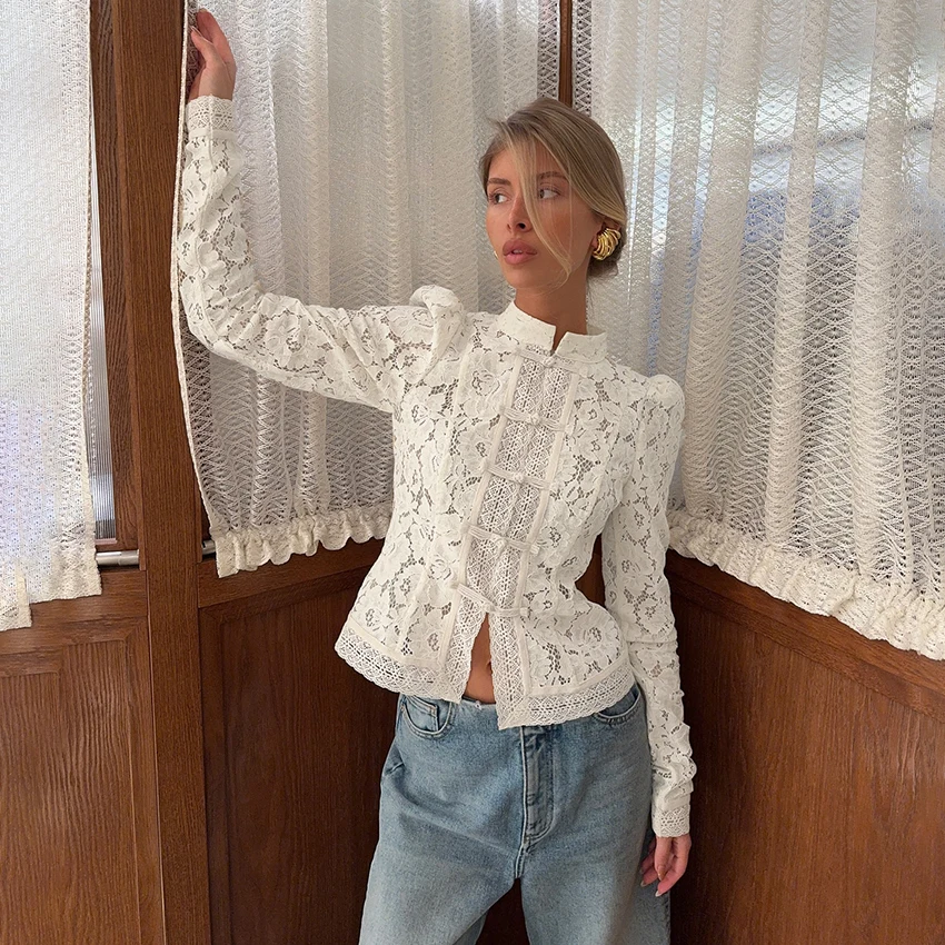Linad Elegant Embroidery Puff Sleeve White Shirts Summer Sexy Hollow Out Lace Blouse Casual Sand Collar Top 2025 Vintage Shirts