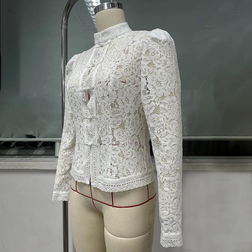 Linad Elegant Embroidery Puff Sleeve White Shirts Summer Sexy Hollow Out Lace Blouse Casual Sand Collar Top 2025 Vintage Shirts