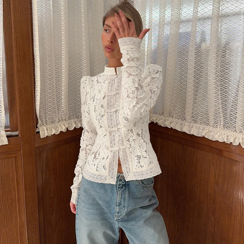 Linad Elegant Embroidery Puff Sleeve White Shirts Summer Sexy Hollow Out Lace Blouse Casual Sand Collar Top 2025 Vintage Shirts