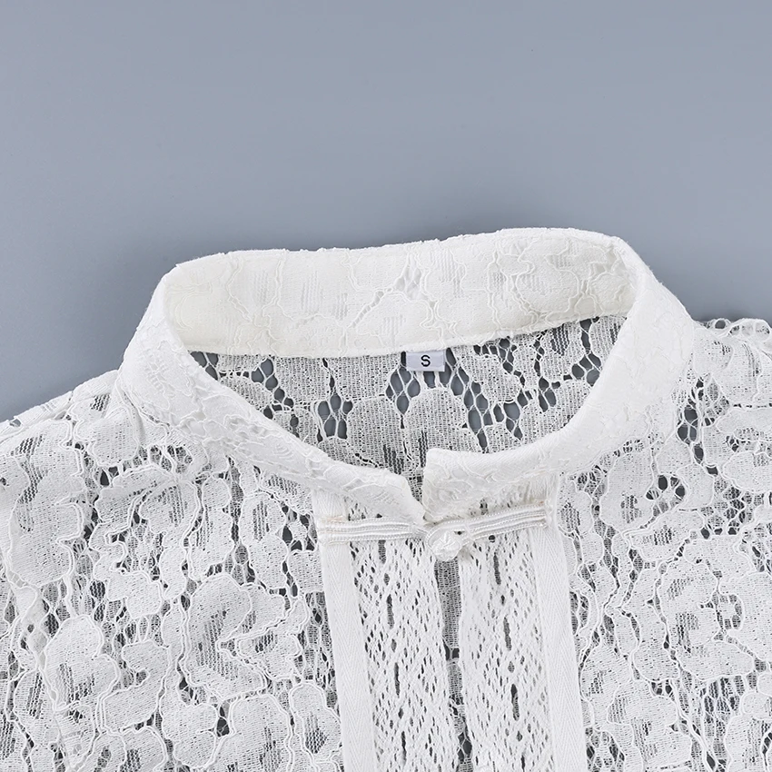 Linad Elegant Embroidery Puff Sleeve White Shirts Summer Sexy Hollow Out Lace Blouse Casual Sand Collar Top 2025 Vintage Shirts
