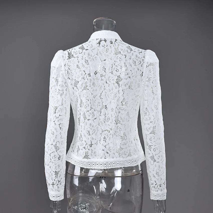 Linad Elegant Embroidery Puff Sleeve White Shirts Summer Sexy Hollow Out Lace Blouse Casual Sand Collar Top 2025 Vintage Shirts