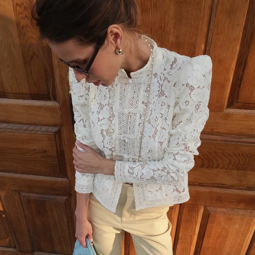 Linad Elegant Embroidery Puff Sleeve White Shirts Summer Sexy Hollow Out Lace Blouse Casual Sand Collar Top 2025 Vintage Shirts