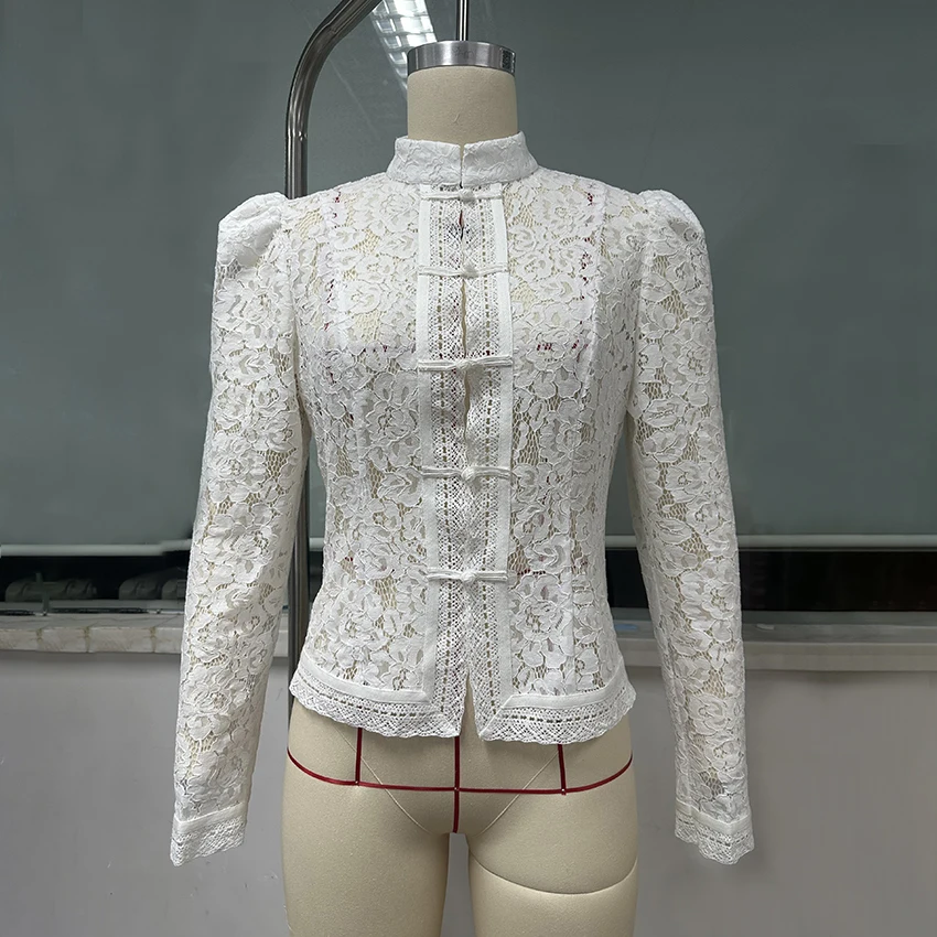 Linad Elegant Embroidery Puff Sleeve White Shirts Summer Sexy Hollow Out Lace Blouse Casual Sand Collar Top 2025 Vintage Shirts