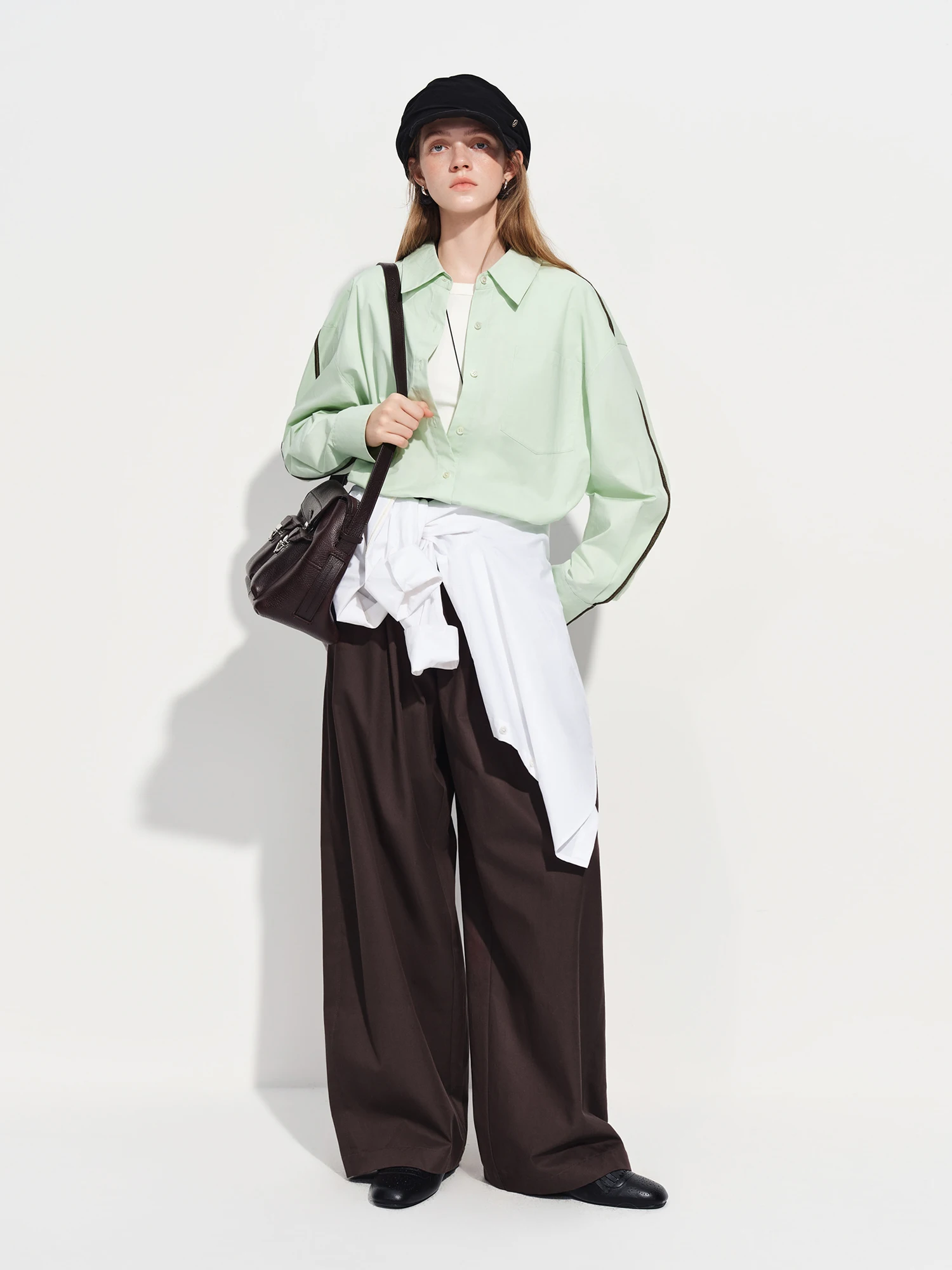 FSLE【Premium Series】Women's French Loose Fit Cotton Shirt Long Sleeve Layering Top with Web Strap Detail Casual Oversized Blouse