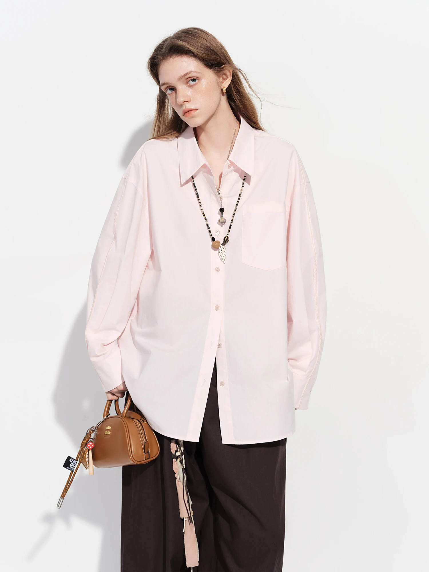 FSLE【Premium Series】Women's French Loose Fit Cotton Shirt Long Sleeve Layering Top with Web Strap Detail Casual Oversized Blouse