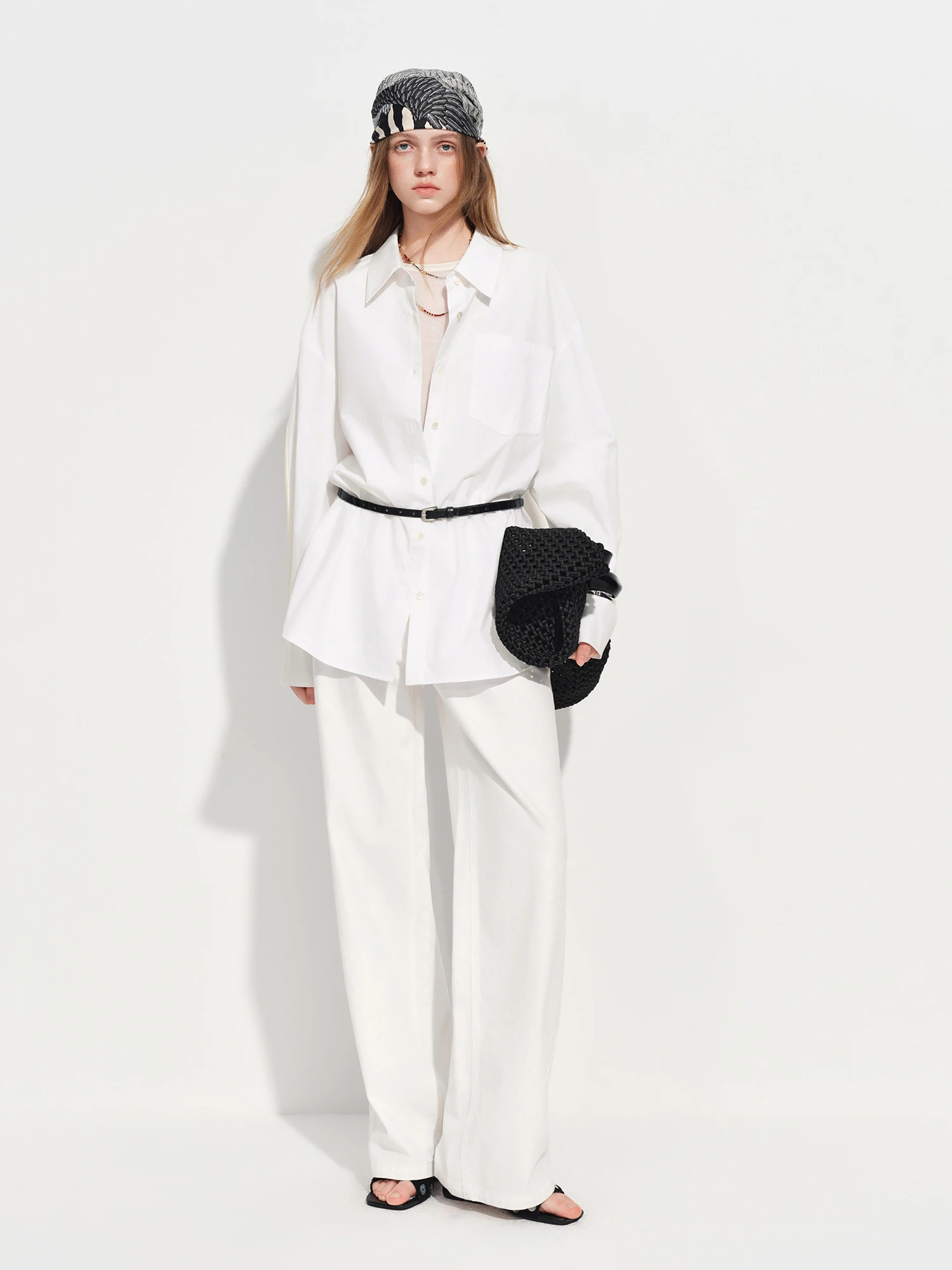 FSLE【Premium Series】Women's French Loose Fit Cotton Shirt Long Sleeve Layering Top with Web Strap Detail Casual Oversized Blouse