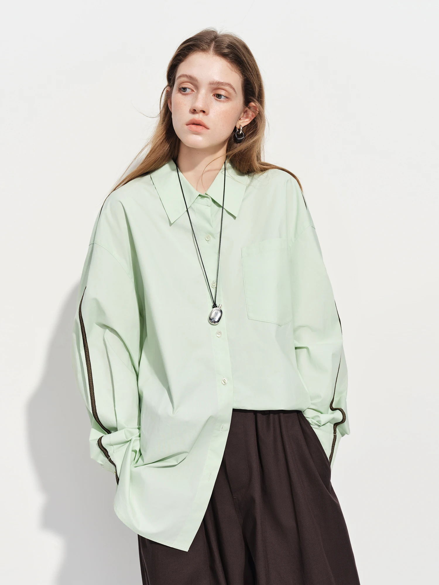 FSLE【Premium Series】Women's French Loose Fit Cotton Shirt Long Sleeve Layering Top with Web Strap Detail Casual Oversized Blouse