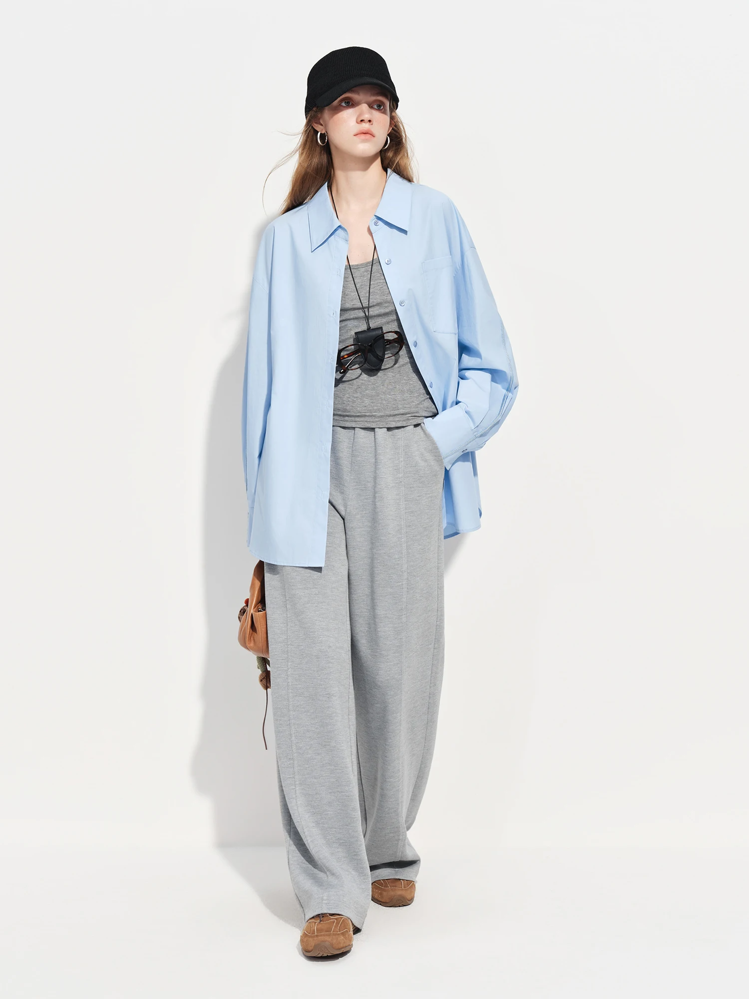 FSLE【Premium Series】Women's French Loose Fit Cotton Shirt Long Sleeve Layering Top with Web Strap Detail Casual Oversized Blouse