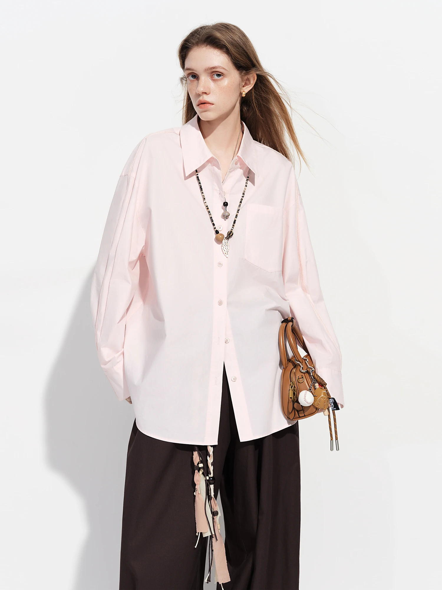 FSLE【Premium Series】Women's French Loose Fit Cotton Shirt Long Sleeve Layering Top with Web Strap Detail Casual Oversized Blouse