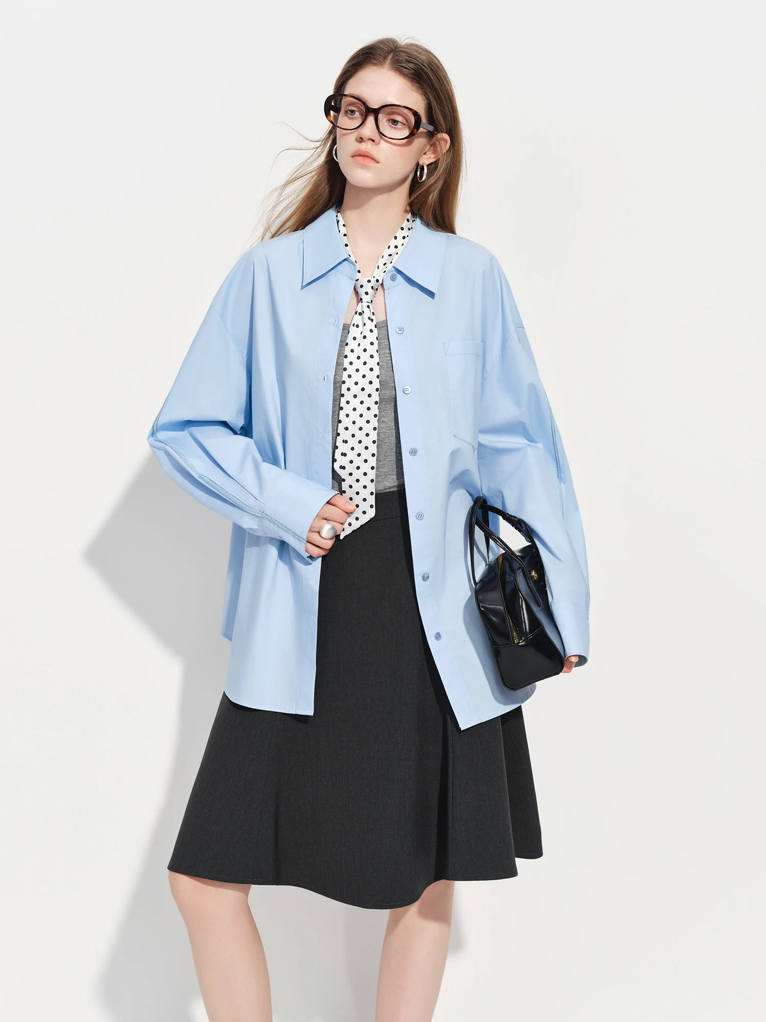 FSLE【Premium Series】Women's French Loose Fit Cotton Shirt Long Sleeve Layering Top with Web Strap Detail Casual Oversized Blouse