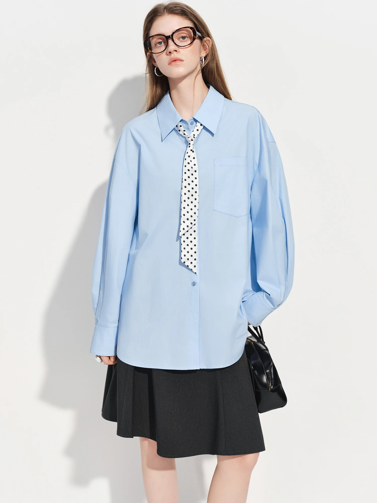 FSLE【Premium Series】Women's French Loose Fit Cotton Shirt Long Sleeve Layering Top with Web Strap Detail Casual Oversized Blouse