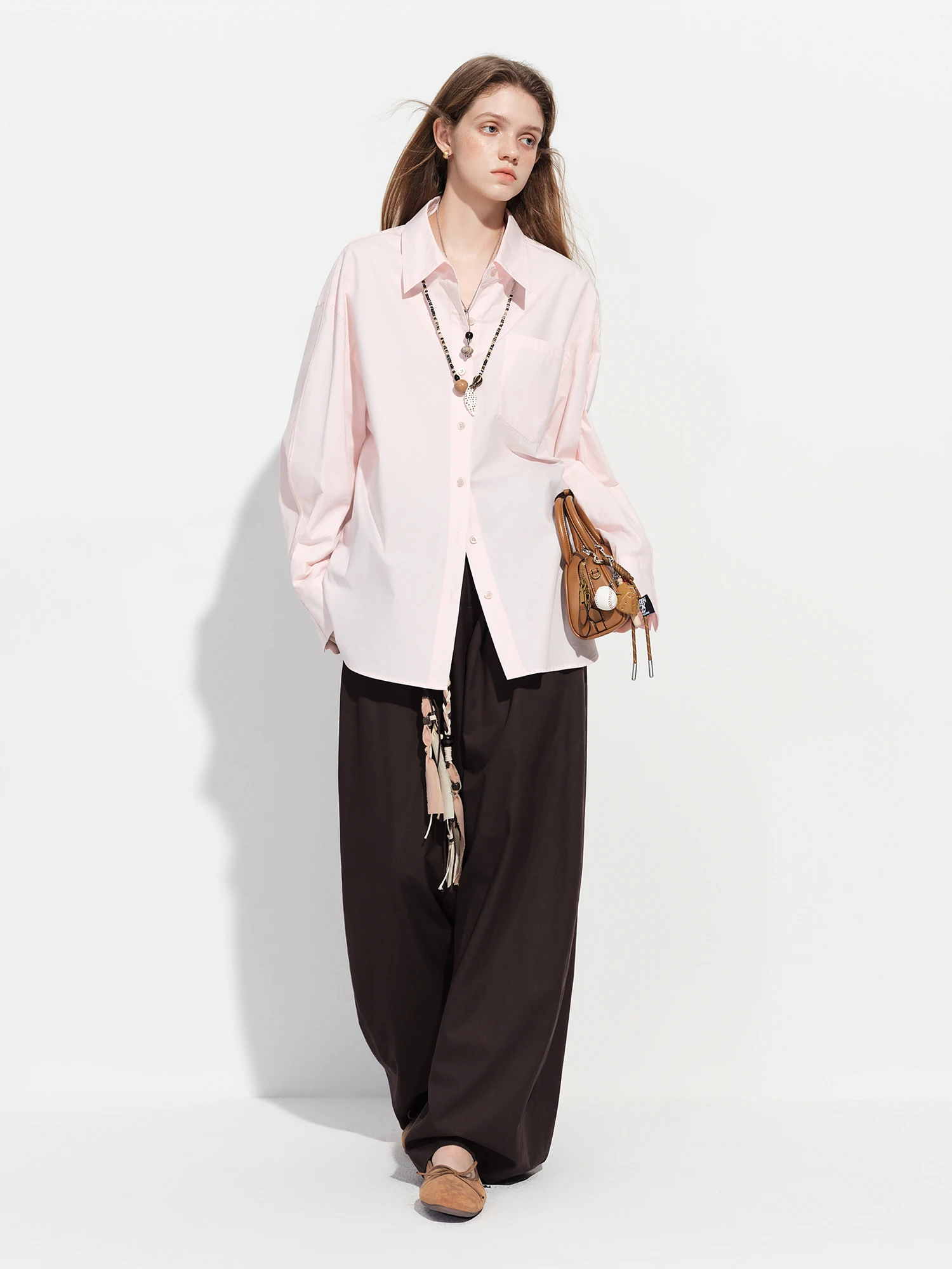 FSLE【Premium Series】Women's French Loose Fit Cotton Shirt Long Sleeve Layering Top with Web Strap Detail Casual Oversized Blouse