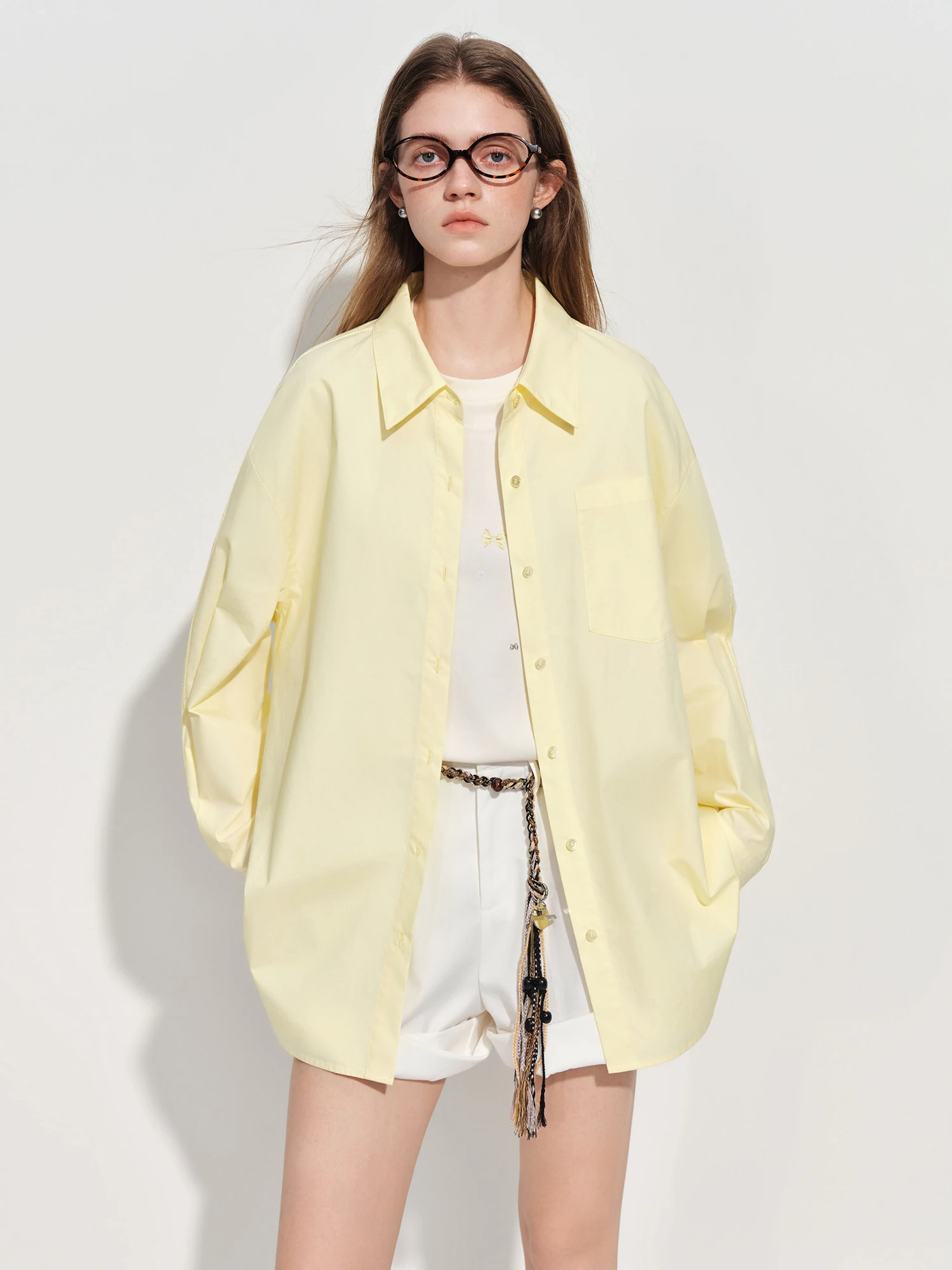FSLE【Premium Series】Women's French Loose Fit Cotton Shirt Long Sleeve Layering Top with Web Strap Detail Casual Oversized Blouse
