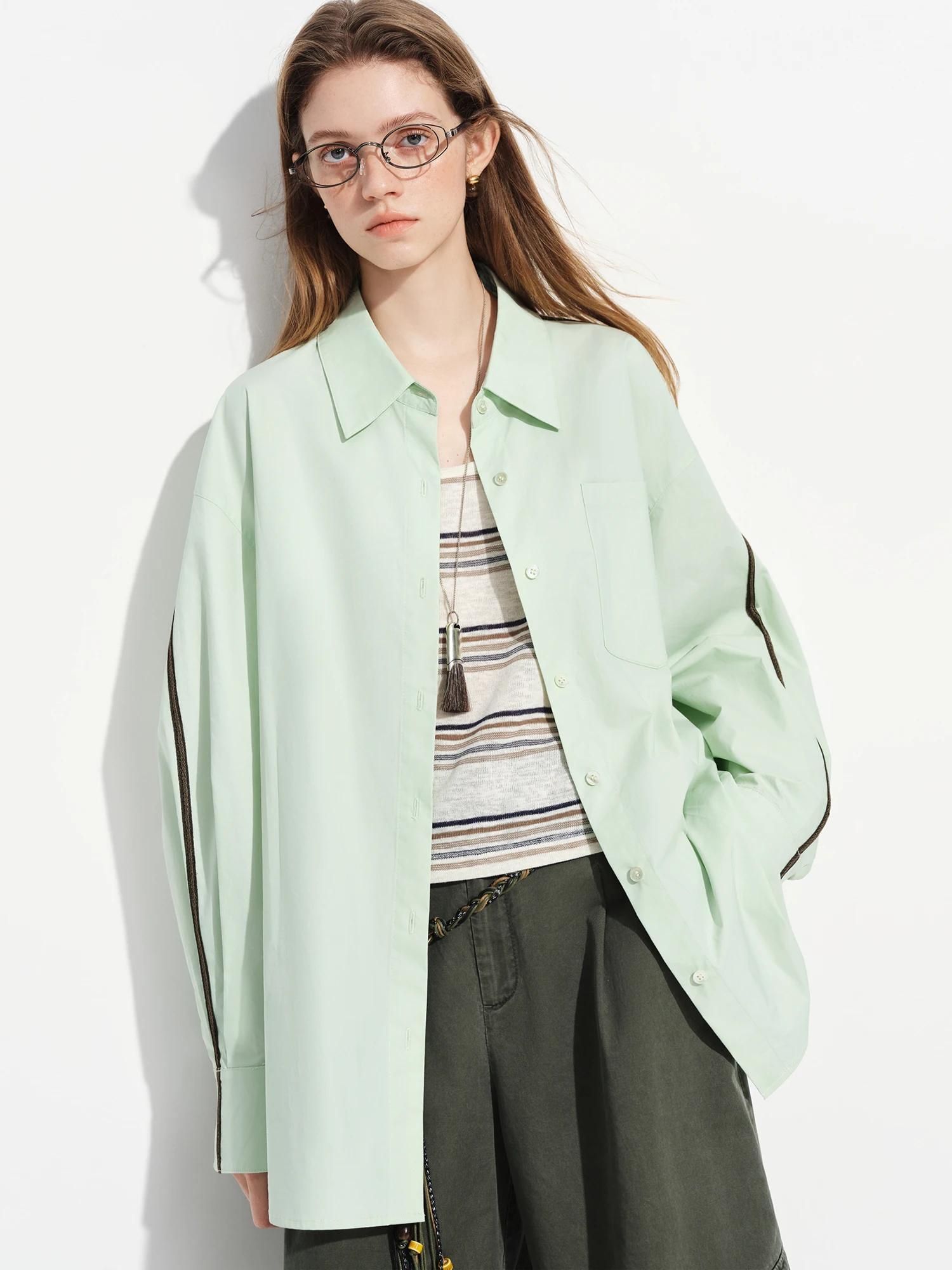 FSLE【Premium Series】Women's French Loose Fit Cotton Shirt Long Sleeve Layering Top with Web Strap Detail Casual Oversized Blouse