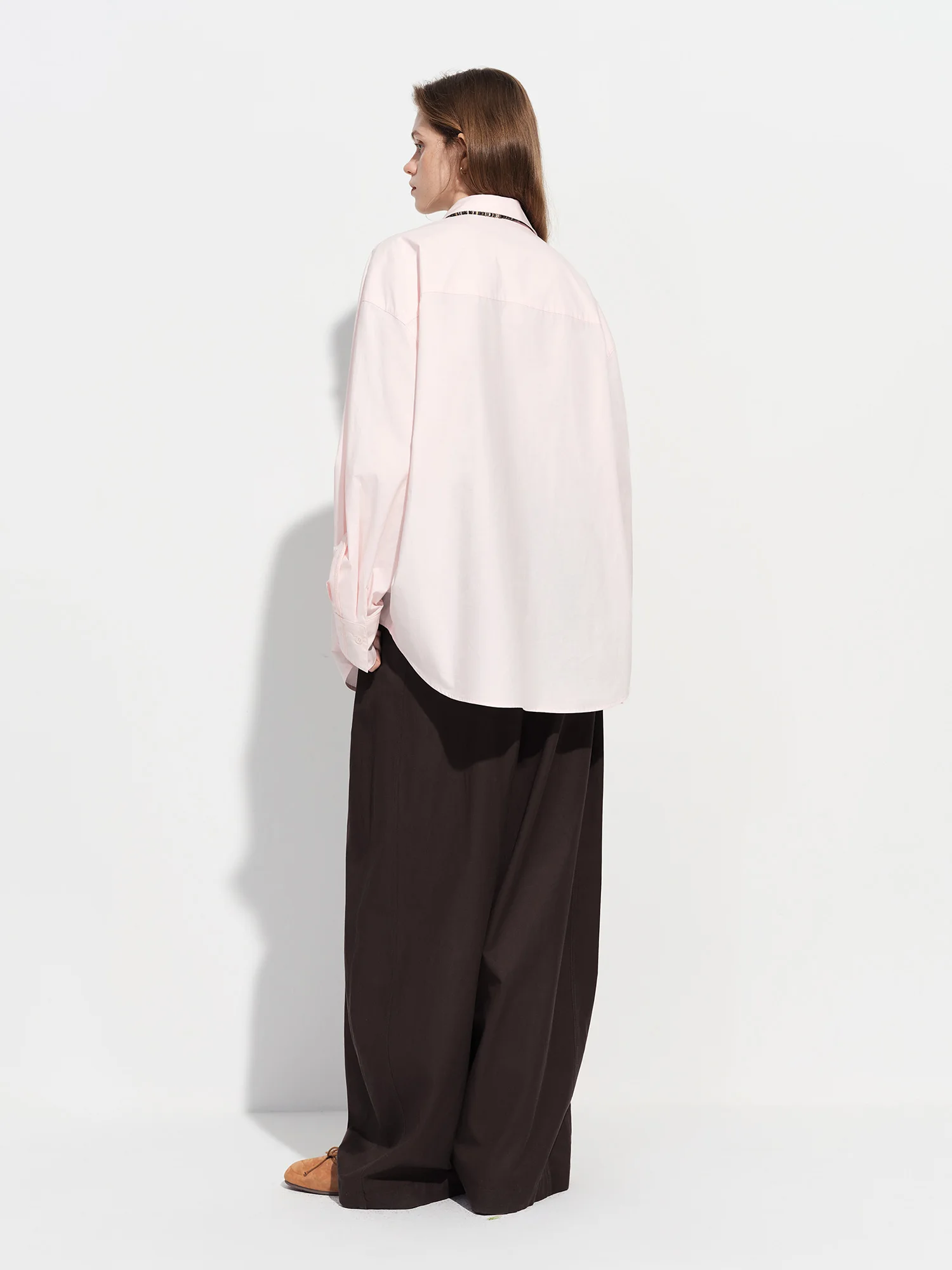FSLE【Premium Series】Women's French Loose Fit Cotton Shirt Long Sleeve Layering Top with Web Strap Detail Casual Oversized Blouse