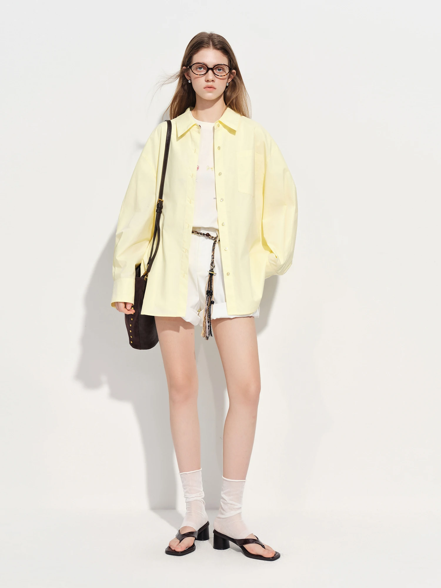 FSLE【Premium Series】Women's French Loose Fit Cotton Shirt Long Sleeve Layering Top with Web Strap Detail Casual Oversized Blouse