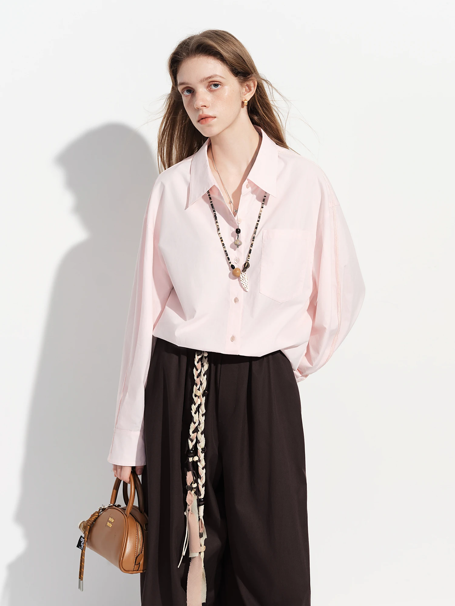 FSLE【Premium Series】Women's French Loose Fit Cotton Shirt Long Sleeve Layering Top with Web Strap Detail Casual Oversized Blouse