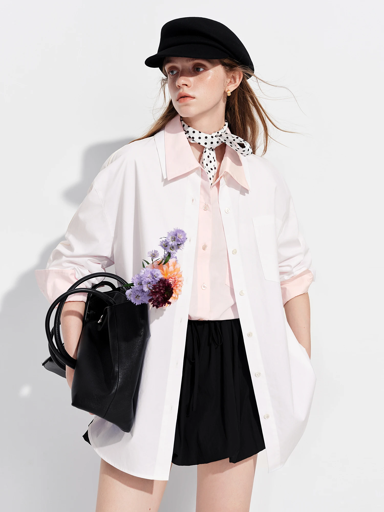 FSLE【Premium Series】Women's French Loose Fit Cotton Shirt Long Sleeve Layering Top with Web Strap Detail Casual Oversized Blouse