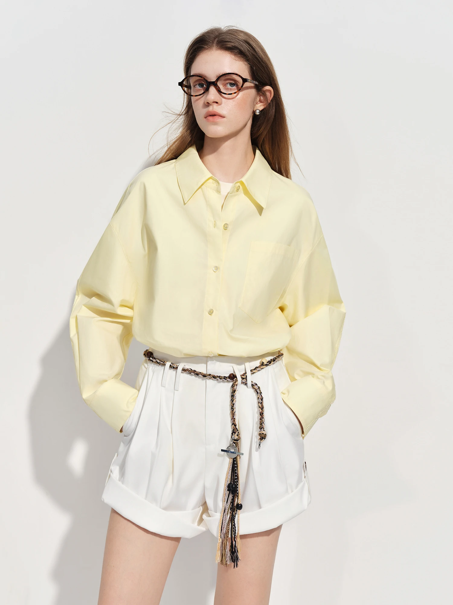 FSLE【Premium Series】Women's French Loose Fit Cotton Shirt Long Sleeve Layering Top with Web Strap Detail Casual Oversized Blouse