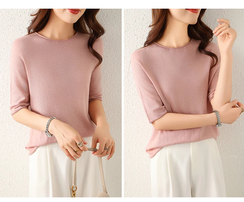 WinvyNee Women Worsted Wool Crew Neck Short Sleeve Pullover Spring Autumn Everyday Knit Basic Garment Soft Casual Wear A1757009