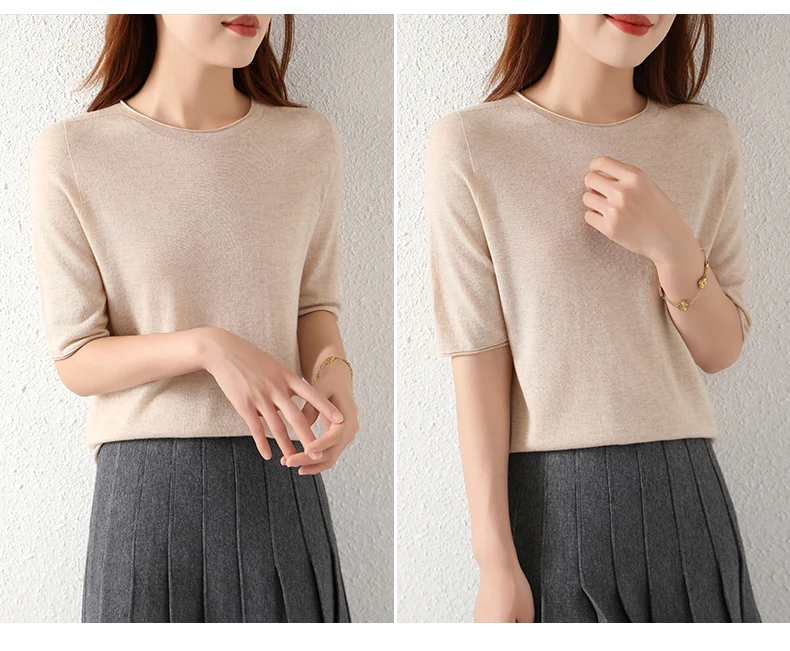 WinvyNee Women Worsted Wool Crew Neck Short Sleeve Pullover Spring Autumn Everyday Knit Basic Garment Soft Casual Wear A1757009