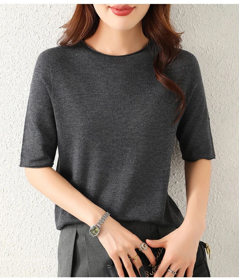 WinvyNee Women Worsted Wool Crew Neck Short Sleeve Pullover Spring Autumn Everyday Knit Basic Garment Soft Casual Wear A1757009