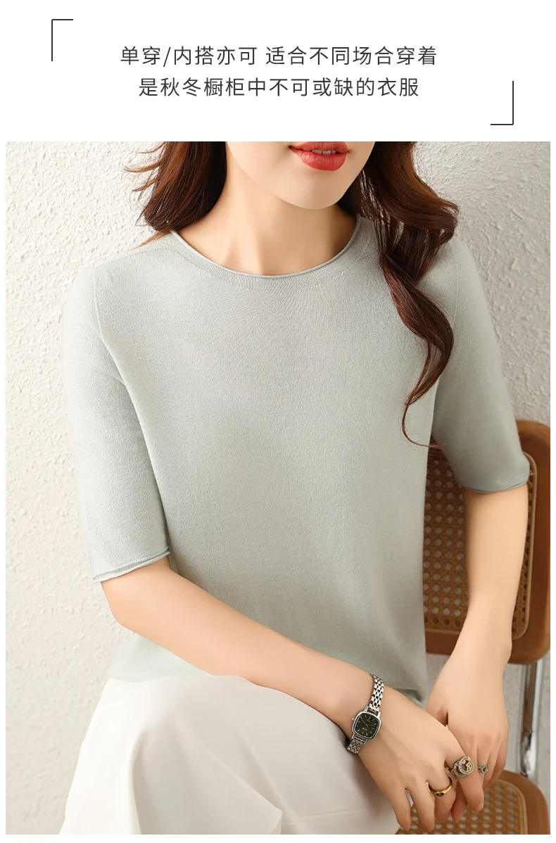 WinvyNee Women Worsted Wool Crew Neck Short Sleeve Pullover Spring Autumn Everyday Knit Basic Garment Soft Casual Wear A1757009
