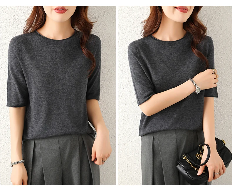 WinvyNee Women Worsted Wool Crew Neck Short Sleeve Pullover Spring Autumn Everyday Knit Basic Garment Soft Casual Wear A1757009
