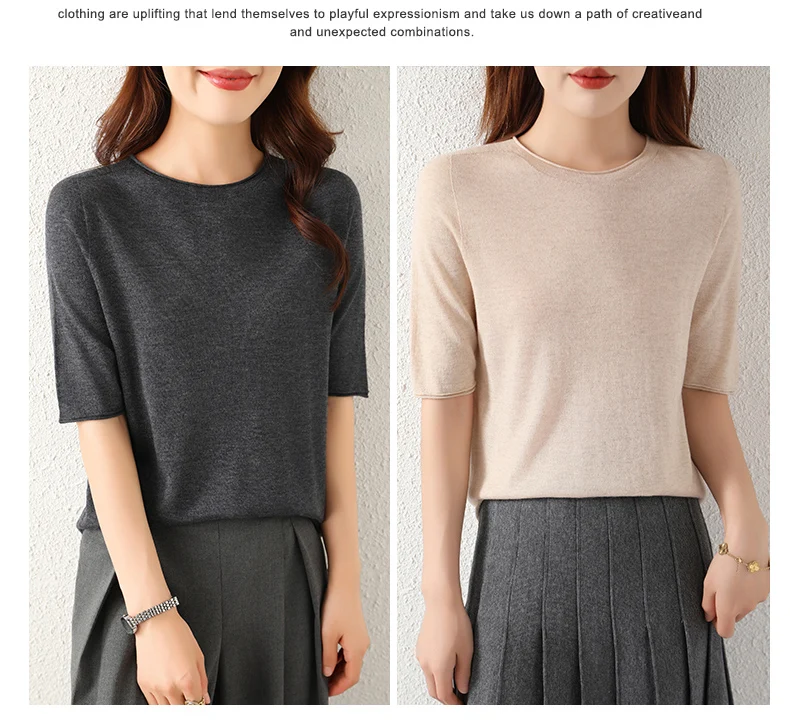 WinvyNee Women Worsted Wool Crew Neck Short Sleeve Pullover Spring Autumn Everyday Knit Basic Garment Soft Casual Wear A1757009