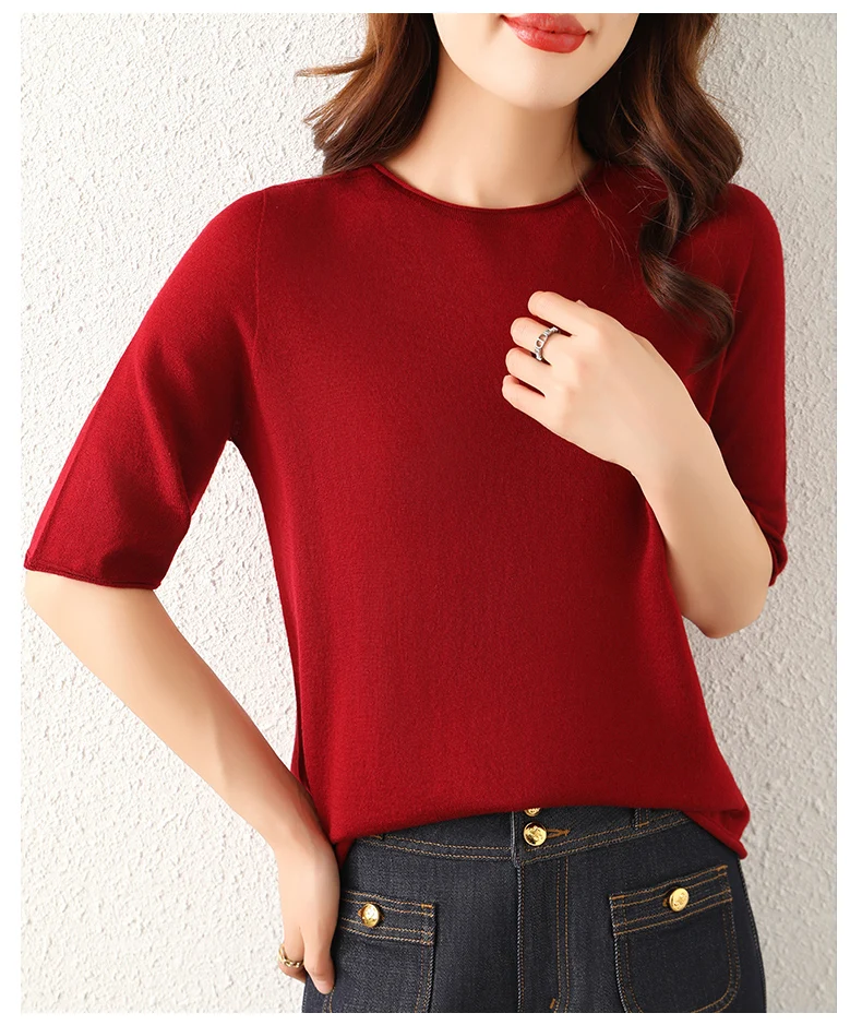 WinvyNee Women Worsted Wool Crew Neck Short Sleeve Pullover Spring Autumn Everyday Knit Basic Garment Soft Casual Wear A1757009