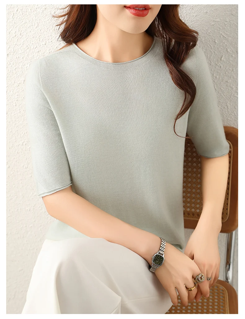 WinvyNee Women Worsted Wool Crew Neck Short Sleeve Pullover Spring Autumn Everyday Knit Basic Garment Soft Casual Wear A1757009