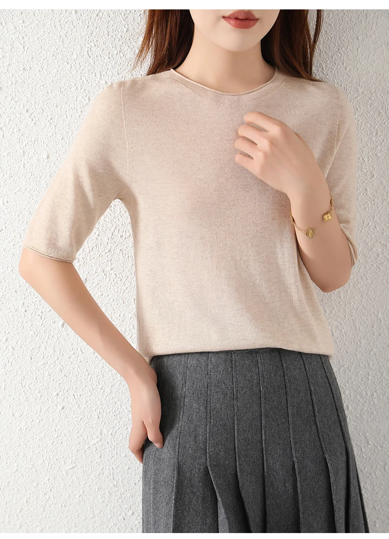 WinvyNee Women Worsted Wool Crew Neck Short Sleeve Pullover Spring Autumn Everyday Knit Basic Garment Soft Casual Wear A1757009