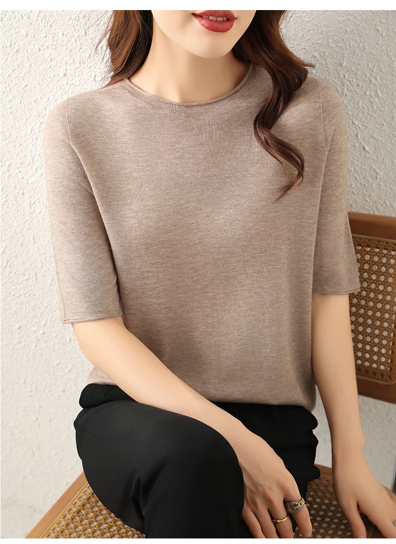WinvyNee Women Worsted Wool Crew Neck Short Sleeve Pullover Spring Autumn Everyday Knit Basic Garment Soft Casual Wear A1757009