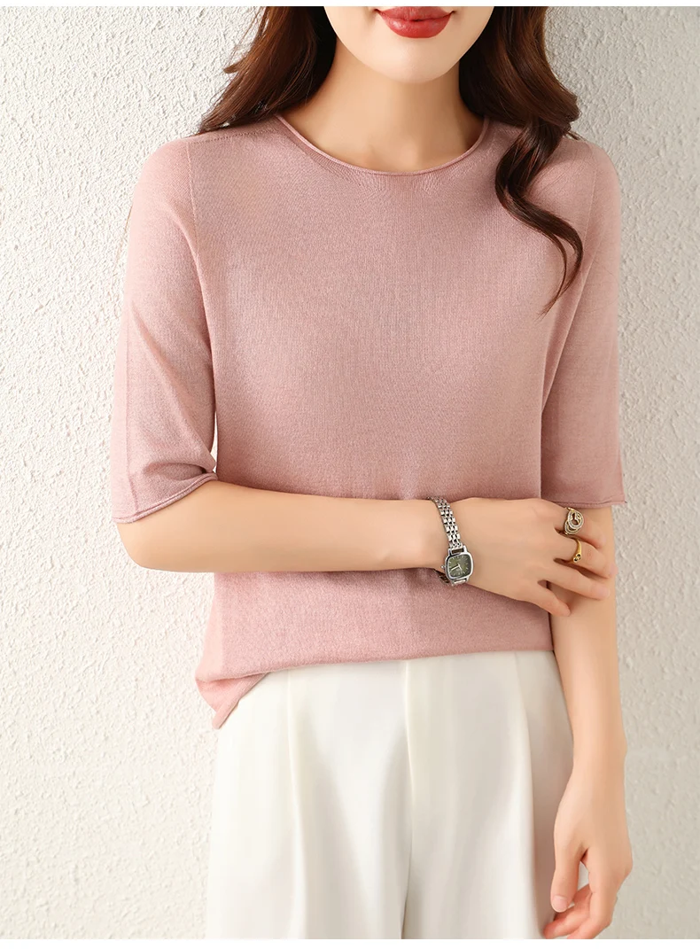 WinvyNee Women Worsted Wool Crew Neck Short Sleeve Pullover Spring Autumn Everyday Knit Basic Garment Soft Casual Wear A1757009