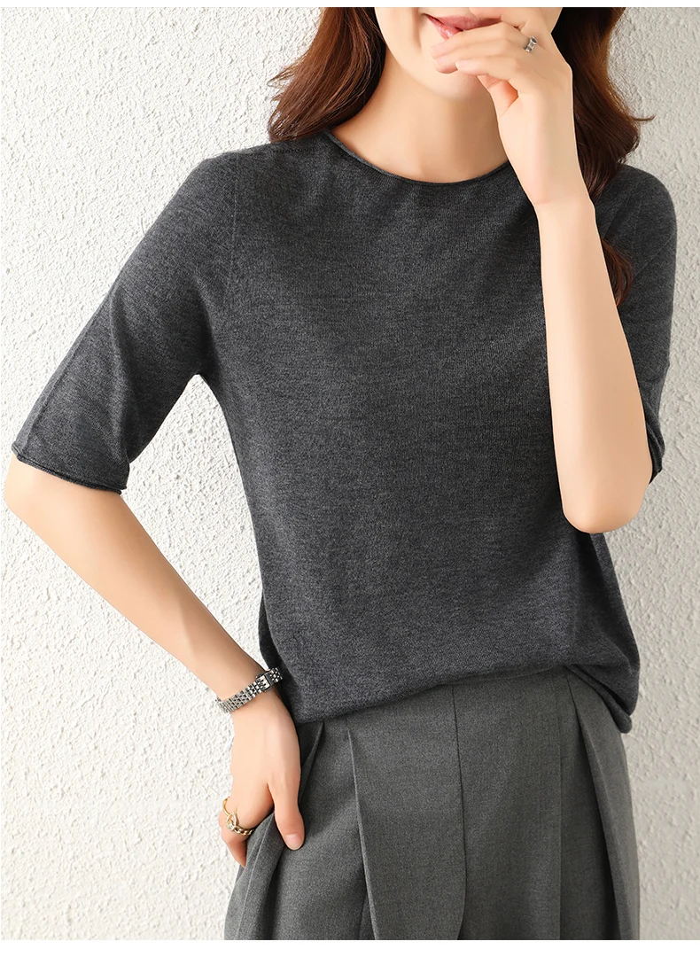 WinvyNee Women Worsted Wool Crew Neck Short Sleeve Pullover Spring Autumn Everyday Knit Basic Garment Soft Casual Wear A1757009
