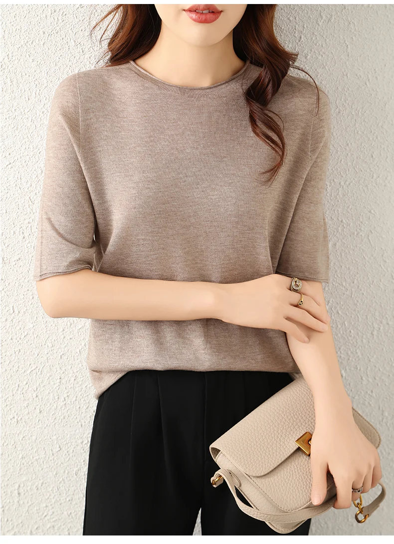 WinvyNee Women Worsted Wool Crew Neck Short Sleeve Pullover Spring Autumn Everyday Knit Basic Garment Soft Casual Wear A1757009