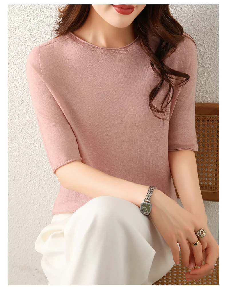 WinvyNee Women Worsted Wool Crew Neck Short Sleeve Pullover Spring Autumn Everyday Knit Basic Garment Soft Casual Wear A1757009