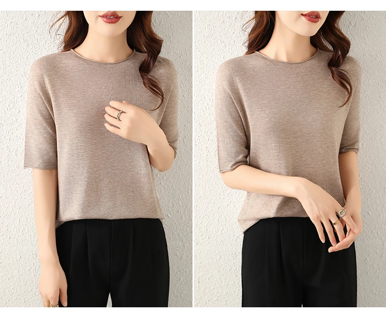 WinvyNee Women Worsted Wool Crew Neck Short Sleeve Pullover Spring Autumn Everyday Knit Basic Garment Soft Casual Wear A1757009