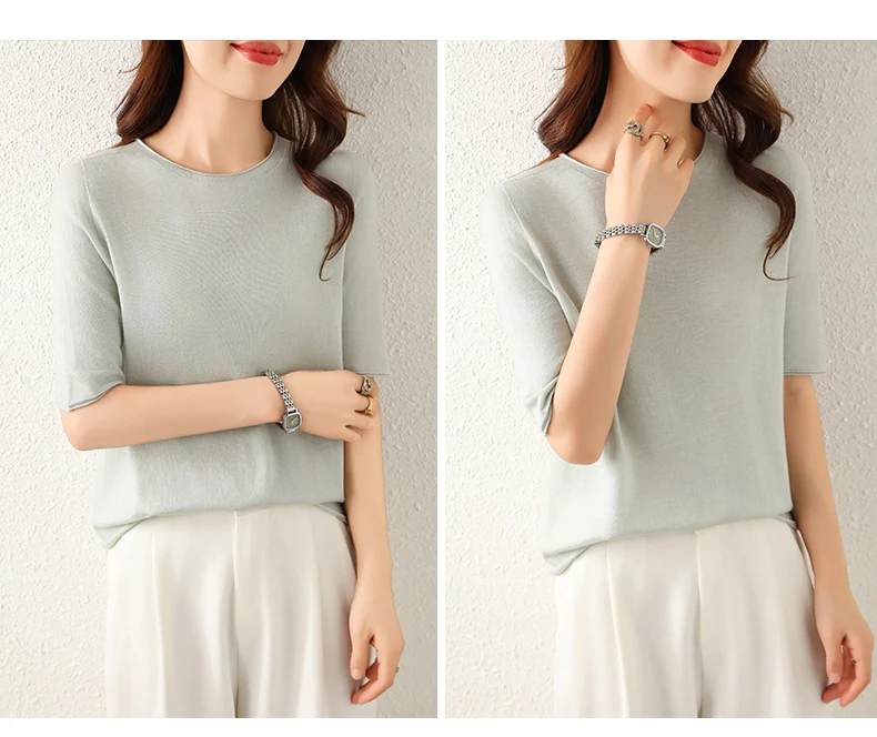 WinvyNee Women Worsted Wool Crew Neck Short Sleeve Pullover Spring Autumn Everyday Knit Basic Garment Soft Casual Wear A1757009