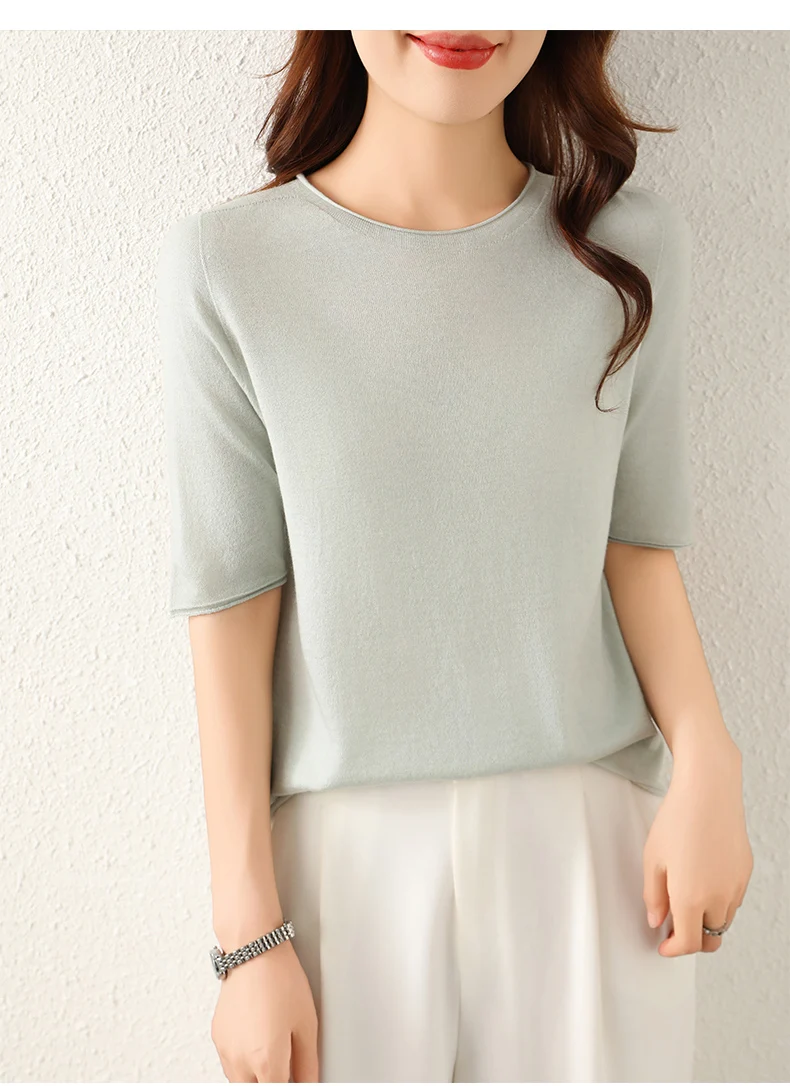 WinvyNee Women Worsted Wool Crew Neck Short Sleeve Pullover Spring Autumn Everyday Knit Basic Garment Soft Casual Wear A1757009
