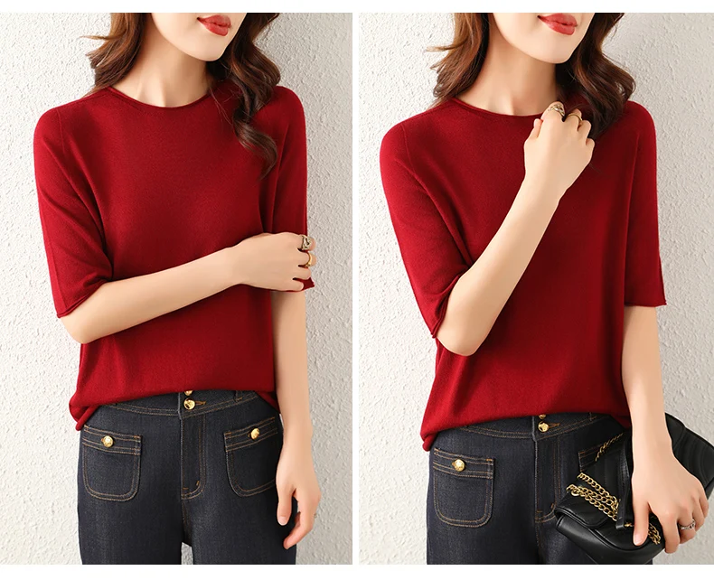 WinvyNee Women Worsted Wool Crew Neck Short Sleeve Pullover Spring Autumn Everyday Knit Basic Garment Soft Casual Wear A1757009