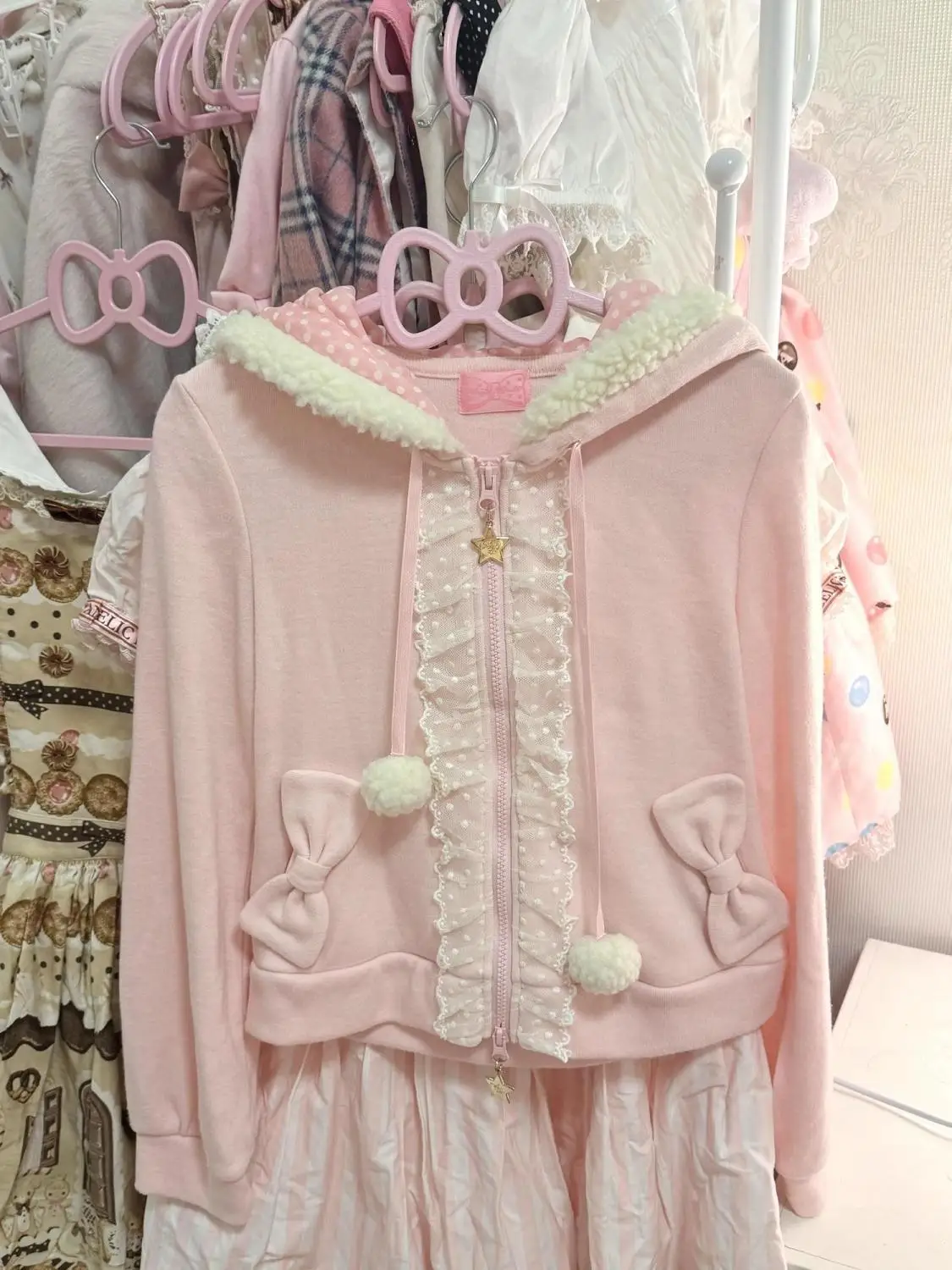 sweet Cute Kawaii Lolita Bunny Ear Hoodie - Fuzzy Trim Lace Trimmed Zipper Pom-Pom Bow Pockets Pink Zip-Up Casual Cute Jacket